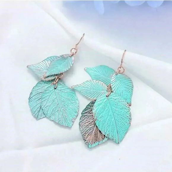 Handmade Blue Green Patina Leaves Dangle Earrings - Picture 1 of 5